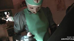 Grey rubber nurse Agnes gives a sensual blowjob and prostate massage before engaging in pegging and anal fisting