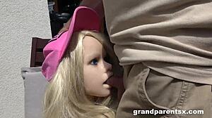 Elderly man ejaculates inside artificial vagina of a sex doll outdoors