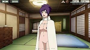 Animoitu isotissinen teini Anko Mitarashi oppii aistillisia taitoja mestariltaan Naruto Hentai -pelissä