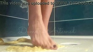 European foot fetish video featuring smalltoed beauty crushing banana with her feet