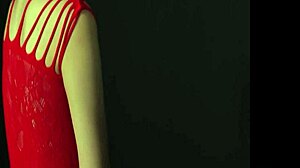 Egy lenyűgöző, bájos mellű nő csábító piros ruhában csábít el provokatív pózban