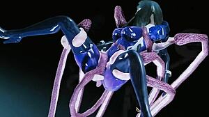 Personagem Skyrim com tentáculos fode garota de botas e sapatos de PVC